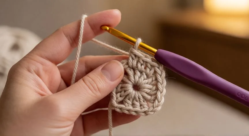 como hacer punto largo a crochet, Muestra cuadrada de punto largo a crochet en tonos pastel sobre mesa de madera