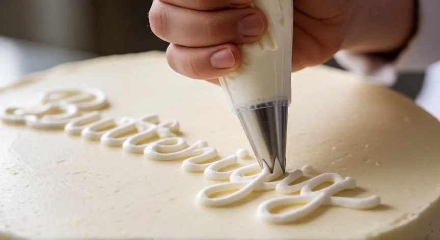 Batido punto letra: la mezcla cae formando una S visible sobre la crema pálida y brillante