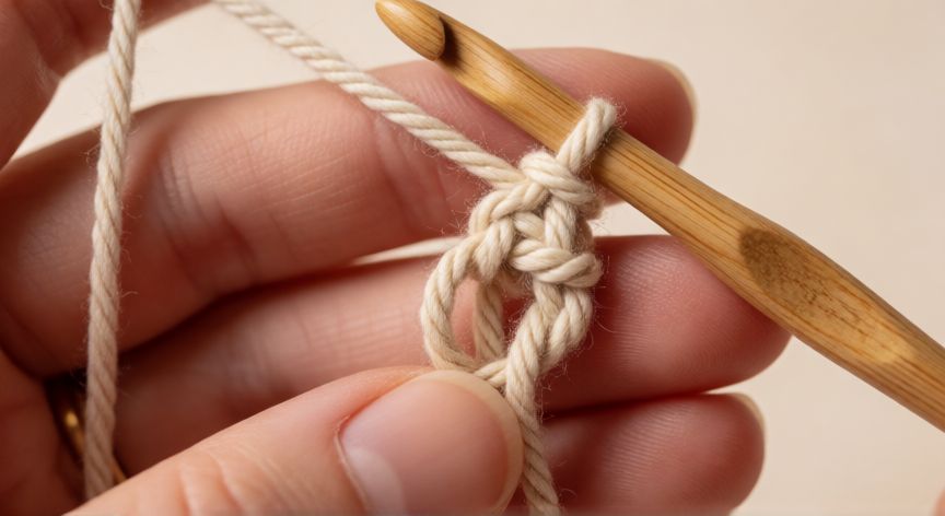 Detalle de manos realizando el nudo inicial del punto mágico en crochet