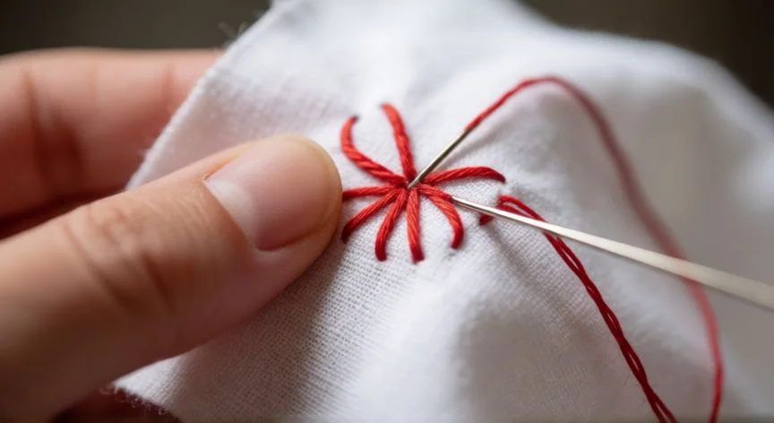 Manos realizando punto mariposa con hilo rojo sobre tela blanca
