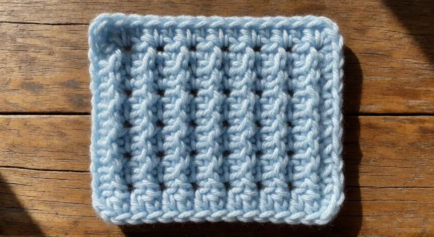 como hacer punto medio alto crochet, Muestra de punto medio alto en lana crema con libro de patrones