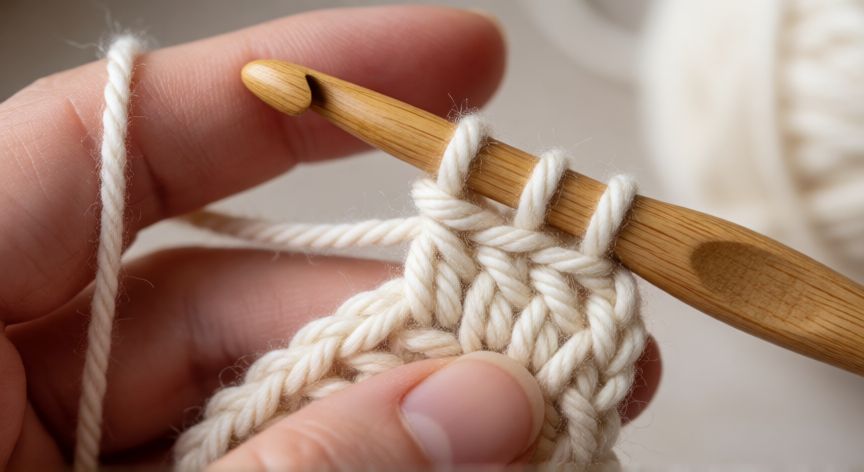 Detalle de las manos realizando el punto medio en crochet con hilo crema