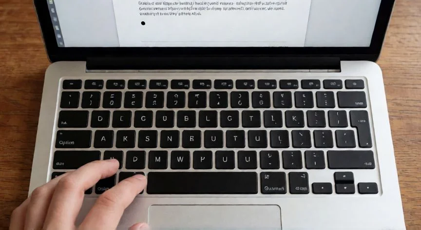 como hacer punto medio en teclado, Manos escribiendo en un portátil Mac usando la combinación de teclas para el punto medio