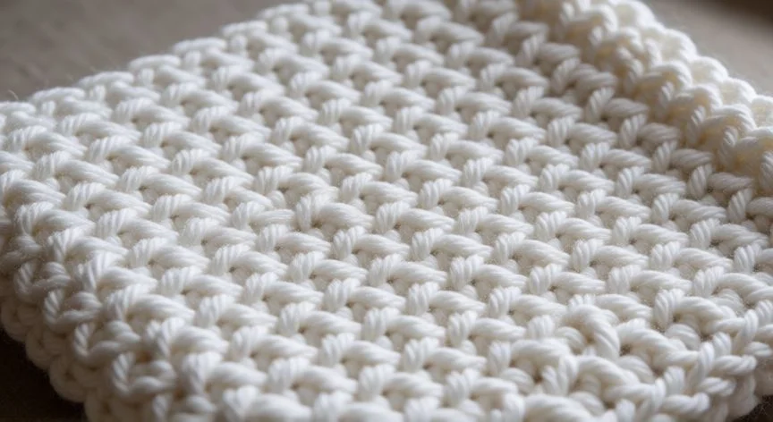 Detalle de textura de punto musgo realizado a crochet con lana blanca