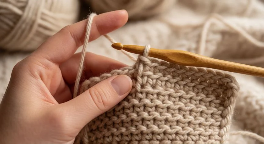 como hacer punto musgo a crochet, Bufanda acabada en punto musgo mostaza mostrando textura reversible