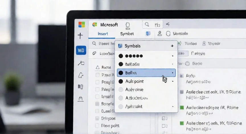 Interfaz de Microsoft Word mostrando el menú de símbolos para insertar puntos negros