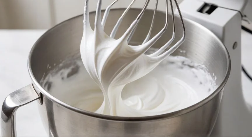 Preparación de merengue con claras batidas a punto de nieve en un bol metálico