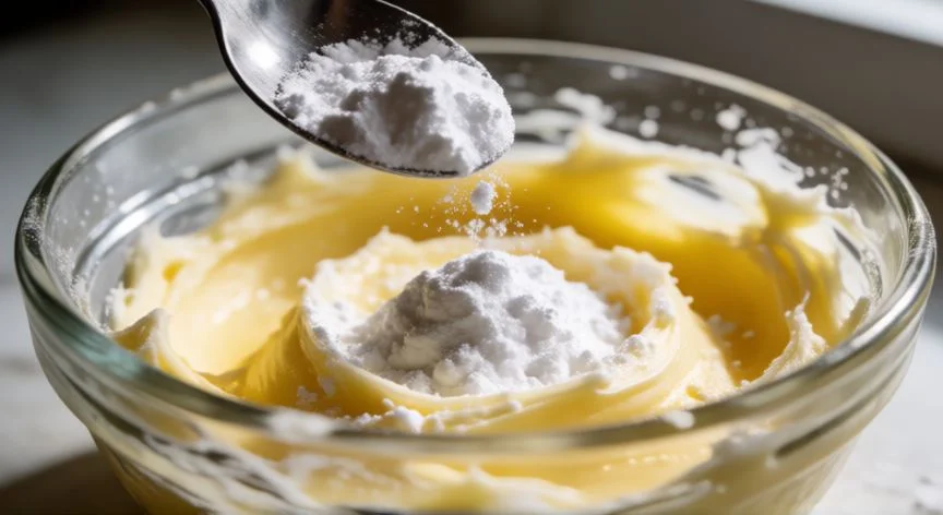 Bowl with soft butter and powdered sugar ready for manual mixing