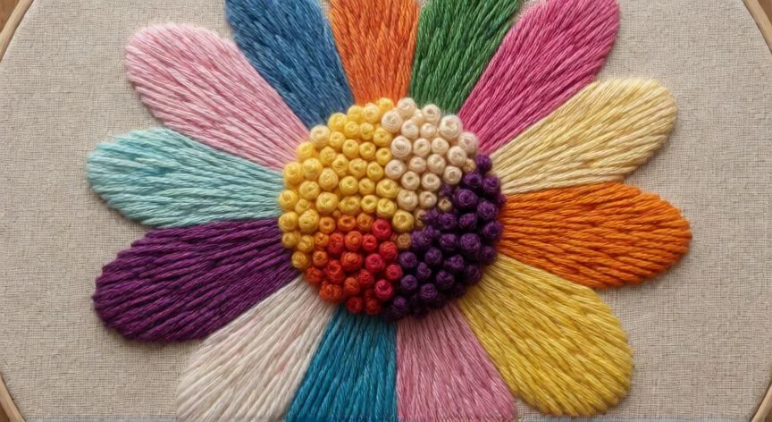 como hacer punto nudo bordado, Bordado terminado con nudos franceses en forma de flores y musgo con materiales alrededor