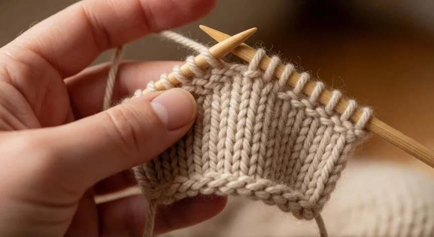 Detalle de manos tejiendo punto elástico con dos agujas y lana beige