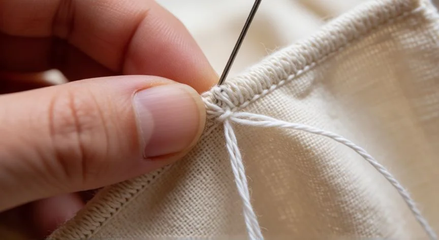 Manos cosiendo punto overlock a mano en el borde de una tela azul con aguja e hilo