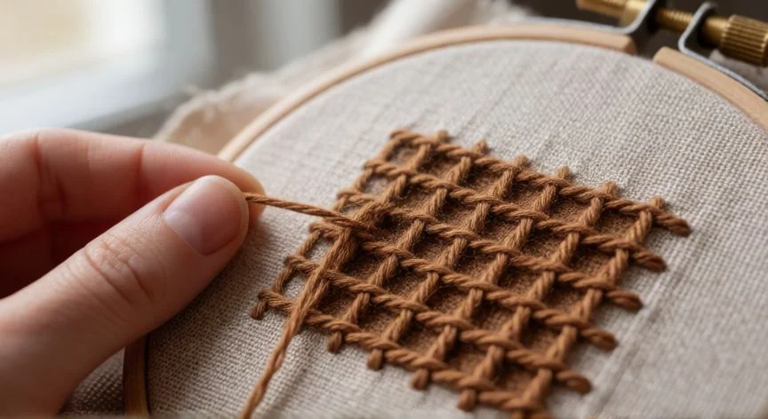 Detalle de punto panal en tela de lino con hilo marrón