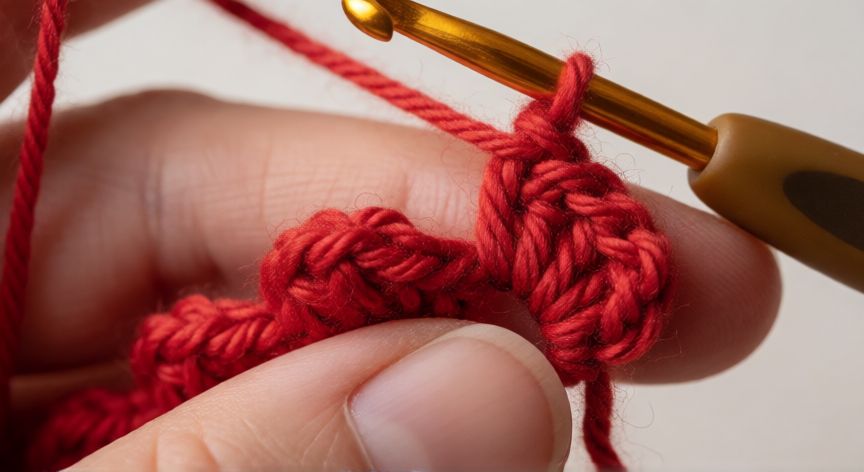 como hacer punto picot, Manos realizando un punto picot con ganchillo y lana roja