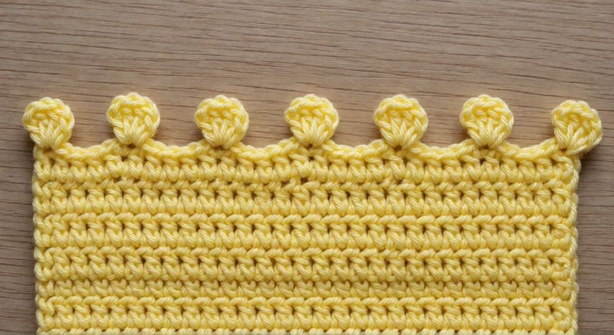 como hacer punto picot, Muestra terminada de tejido con borde de punto picot amarillo