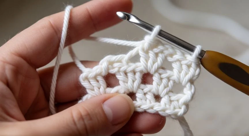 Manos haciendo punto picot en crochet con hilo blanco