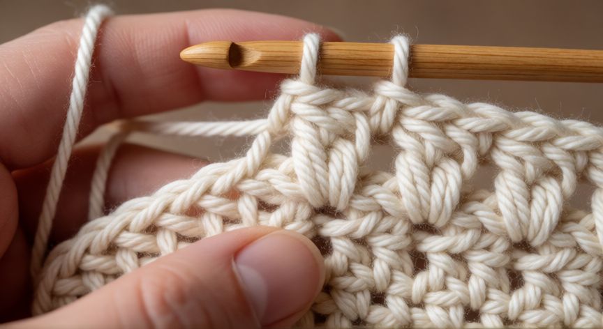 Manos realizando punto piña a crochet con lana crema y ganchos de madera