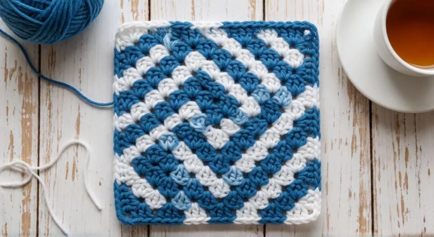 como hacer punto piña a crochet, Muestra terminada de punto piña en hilo crema sobre tela de lino