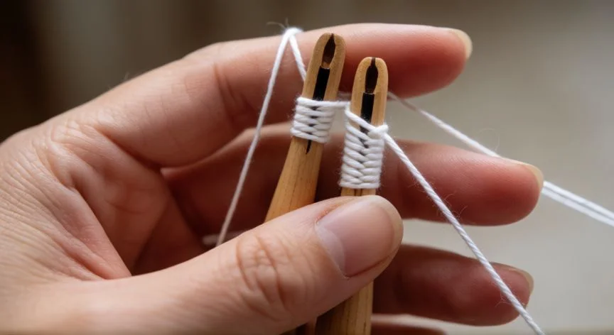 Manos realizando punto pluma en bolillos con hilo blanco tenso entre los dedos