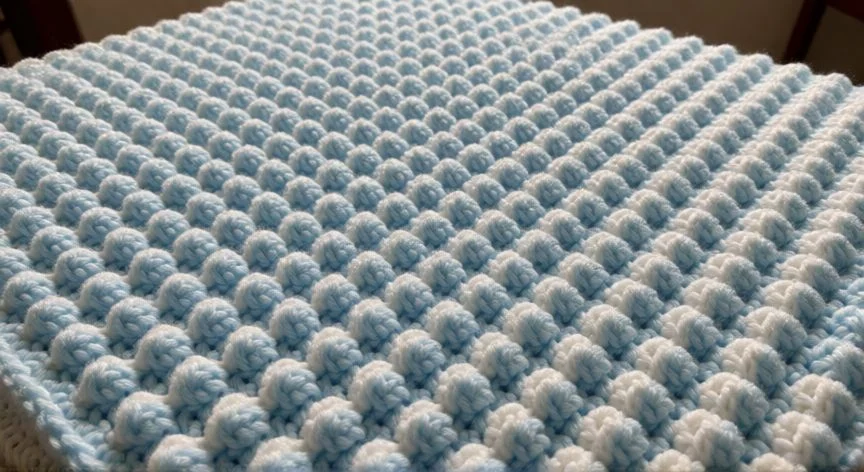 como hacer punto popcorn a crochet, Muestra de crochet con filas de punto popcorn en verde menta