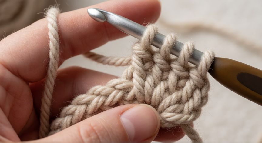 Manos realizando la técnica del punto puff con lana gruesa y gancho de crochet