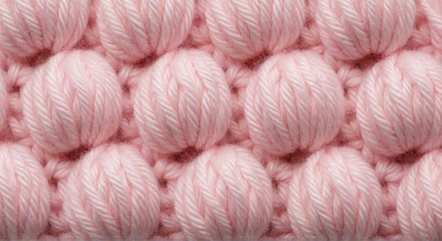 como hacer punto puff a crochet, Muestra terminada de punto puff alineado en lana terracota sobre mesa de madera con luz natural