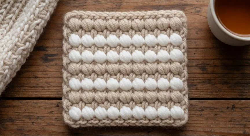 como hacer punto puff paso a paso, Muestra de punto puff alineado en tonos terracota y crema