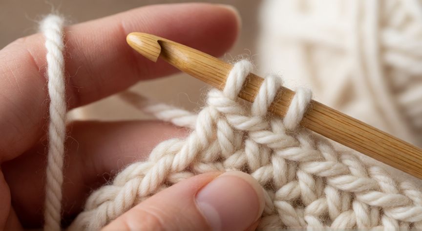 Detalle de manos realizando punto raso en crochet con tres bucles en el gancho