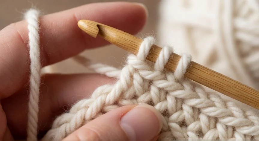 Detalle de manos realizando punto raso en crochet con tres bucles en el gancho