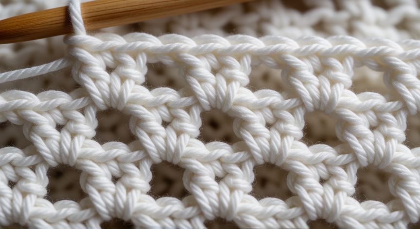 Detalle de la técnica del punto red con aguja de crochet y hilo blanco