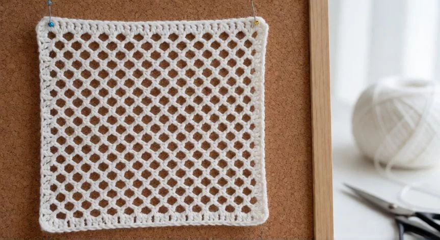 como hacer punto red a crochet, Tejido terminado de punto red a crochet en algodón blanco junto a diagrama