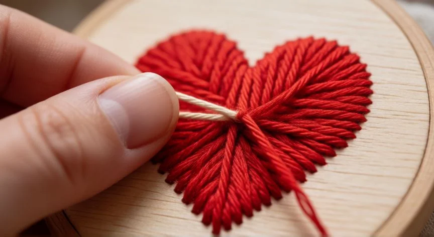 Manos realizando punto relleno con hilo rojo sobre un corazón en bastidor de madera