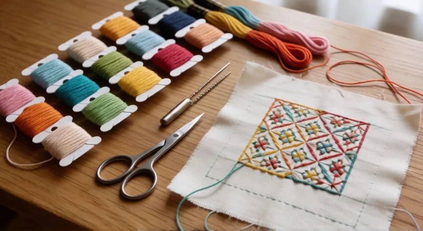 como hacer punto relleno en bordado, Materiales de bordado: hilos, tela vagonite y bastidor con flores parcialmente bordadas