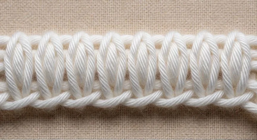 como hacer punto ruso de bolillos, Pañuelo terminado en punto ruso con cintas serpenteantes y trenzas sobre mesa de madera