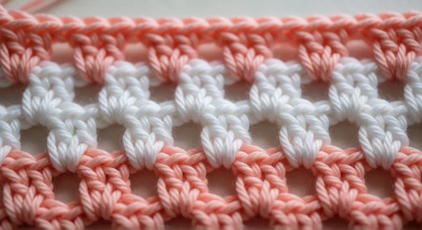 Manos tejiendo punto Santa Clara a crochet con relieve horizontal en hilo beige