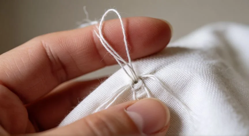 Detalle de aguja haciendo punto simple en tela blanca