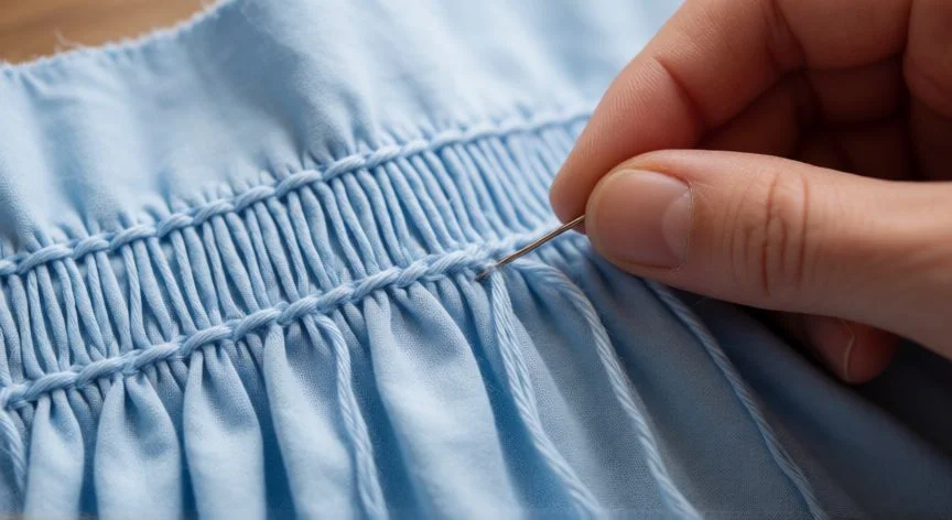 Detalle de manos cosiendo puntadas largas en tela para hacer punto smock