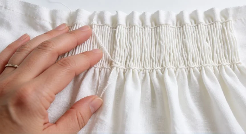 como hacer punto smock a mano, Kit de materiales para punto smock: papel calca, hilo, aguja y tela fruncida