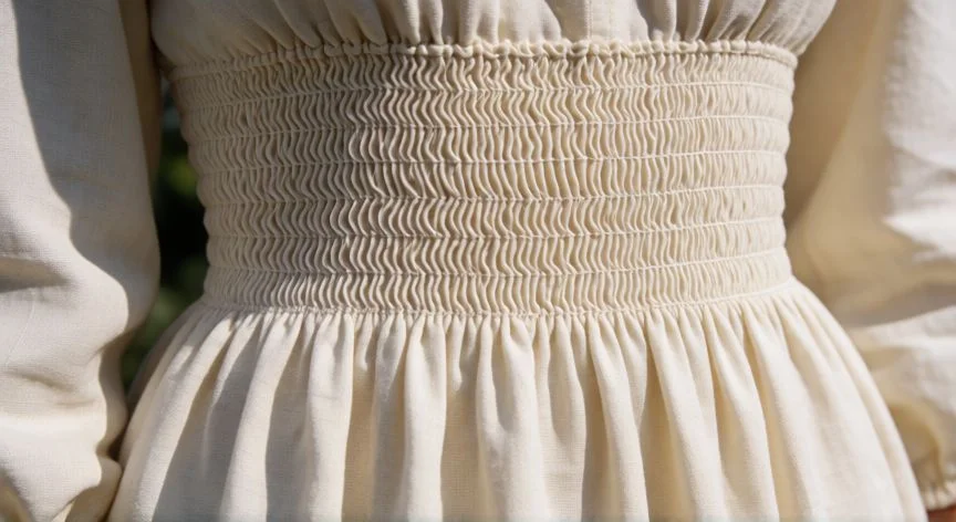 como hacer punto smock paso a paso, Panel smock terminado con punto diamante en crema y verde sobre tabla de costura