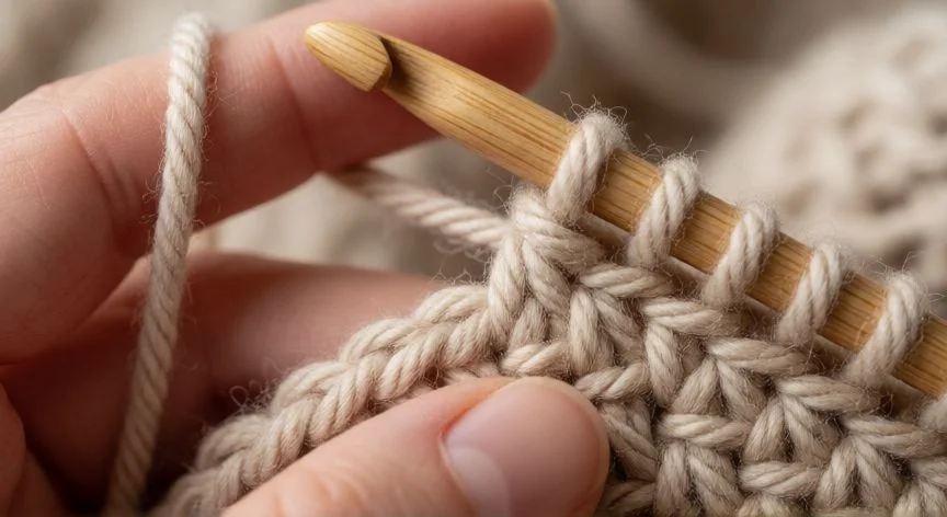 Manos realizando punto tallo con ganchillo de madera e hilo beige