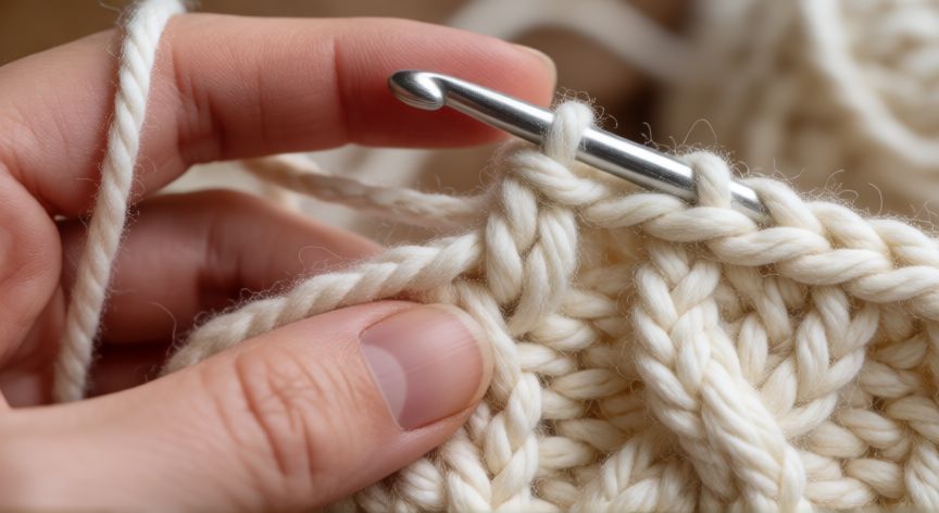 Manos realizando la técnica de atrapar puntos para hacer trenza a crochet