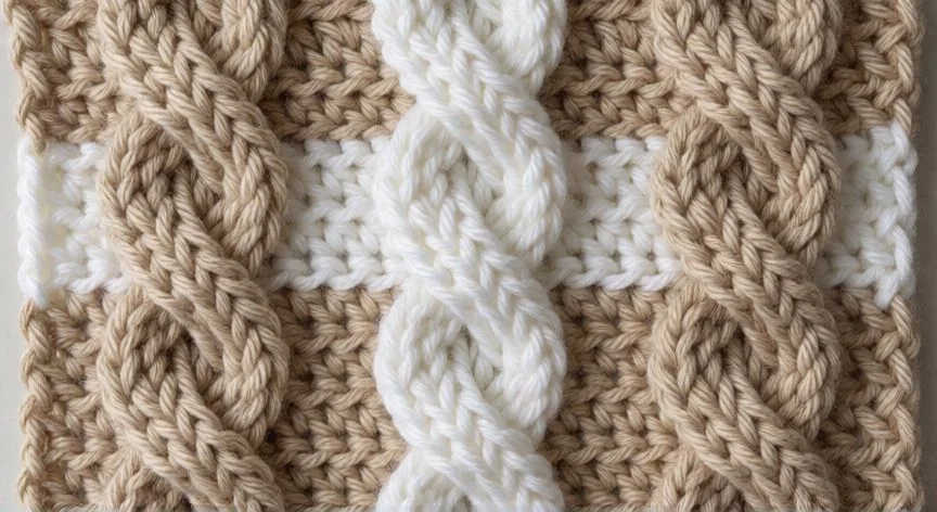 como hacer punto trenza a crochet, Bufanda de punto trenza en ganchillo sobre mesa de madera con aguja y lana
