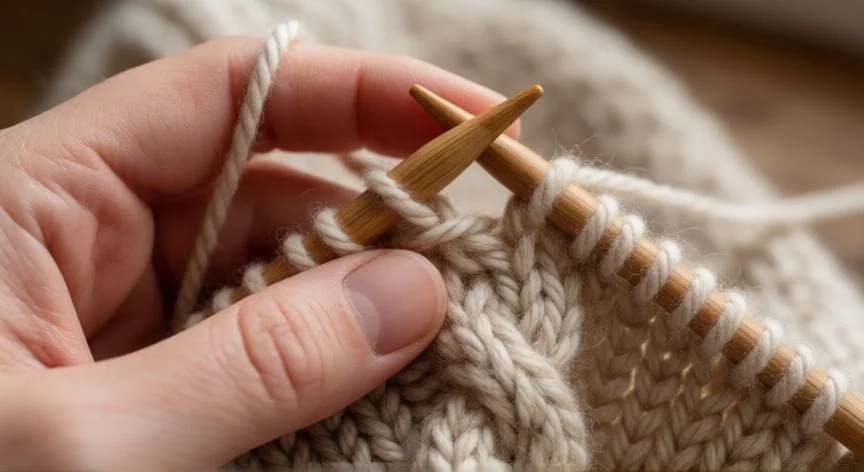 Manos tejiendo punto trenza con agujas de madera y lana beige