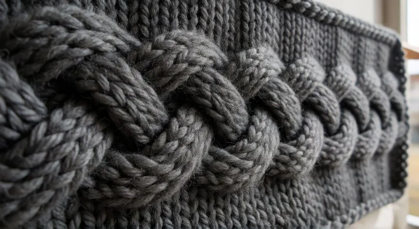 como hacer punto trenza a palillo, Materiales de tejido para trenza: lana, palillos, aguja auxiliar y muestra terminada