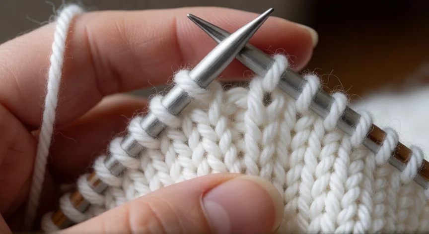 Detalle de punto tubular tejido a dos agujas con lana blanca