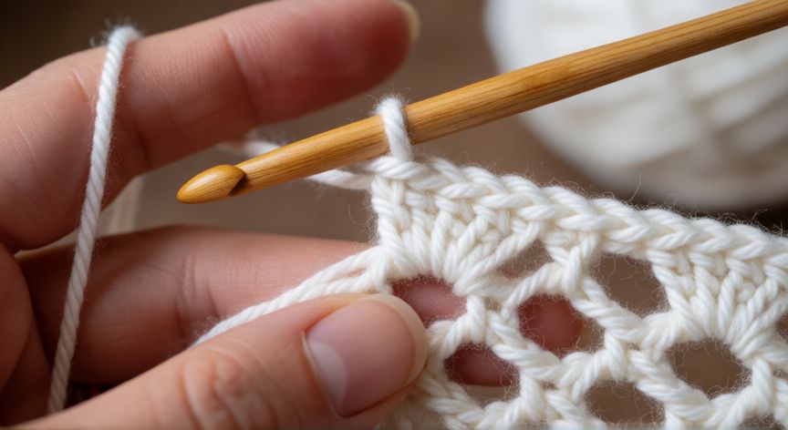 Detalle de manos realizando el punto v con ganchillo y lana blanca