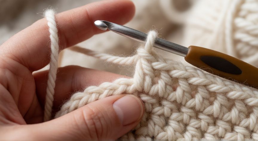 Manos realizando la técnica del punto V en crochet con lana crema
