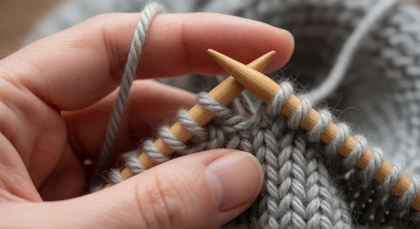 Manos tejiendo punto vainico con lana gris y agujas de madera