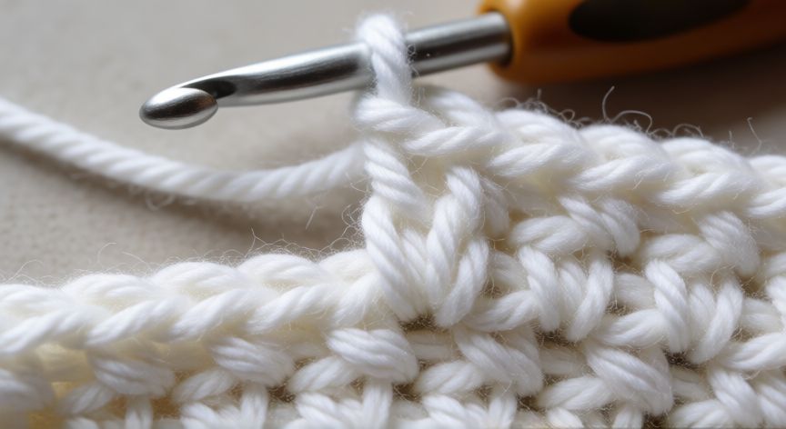 Detalle de la aguja realizando una barra del punto de vanilla en blanco