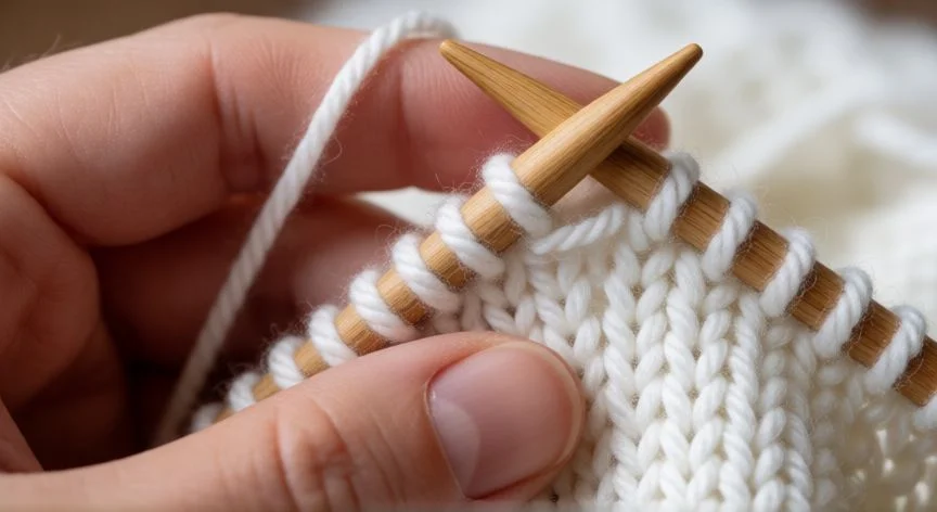 Manos tejendo punto de vainilla blanco con agujas de madera