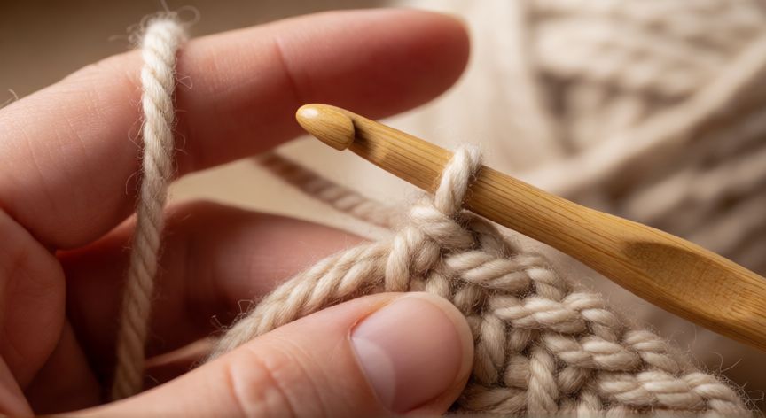 Manos sosteniendo un gancho de madera trabajando una cadena con hilo de lana beige